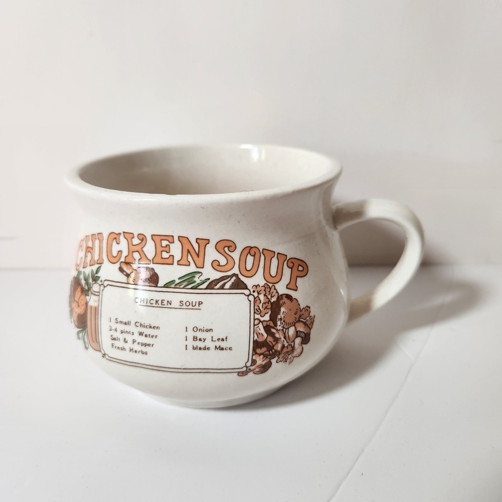 Vintage Chicken Soup Recipe Ceramic Mug Oversized Soup Bowl with Handle Cream‎